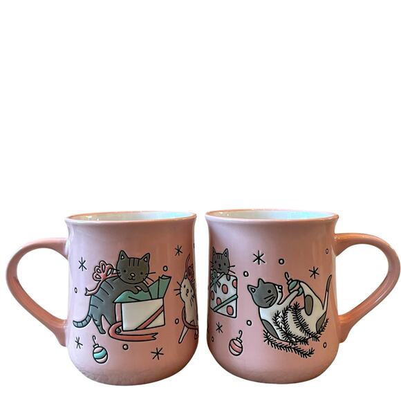 NEW Clementine CATS Pink Christmas Mug Set of 2 Ceramic 16oz Holiday - Picture 1 of 15